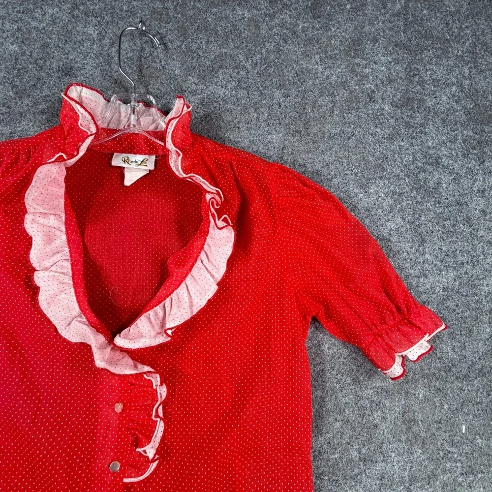 Rhoda Lee Blouse Top Women Small Red Polka Dot Ruffle Neck Button Front Cocktail